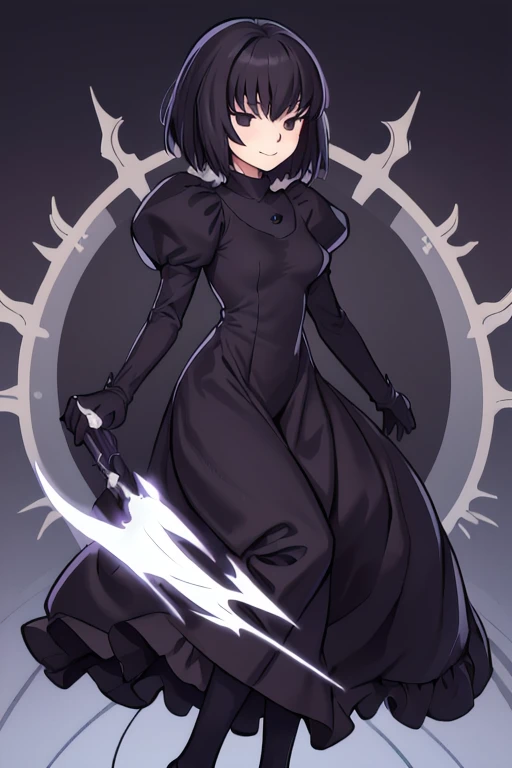 alicekuonji, smile, long black dress, puffy sleeves, black capelet, long black dress, black gloves, library, full body, best quality 