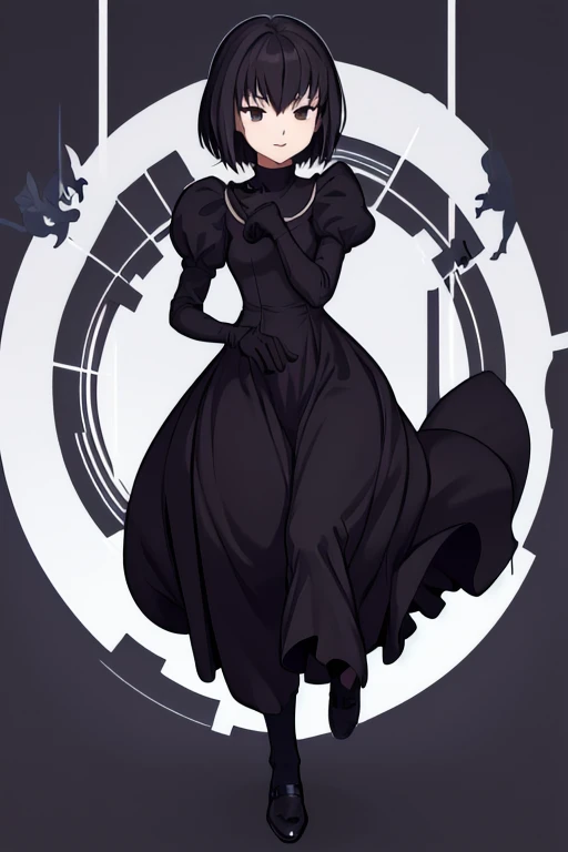 alicekuonji, smile, long black dress, puffy sleeves, black capelet, long black dress, black gloves, library, full body, best quality 