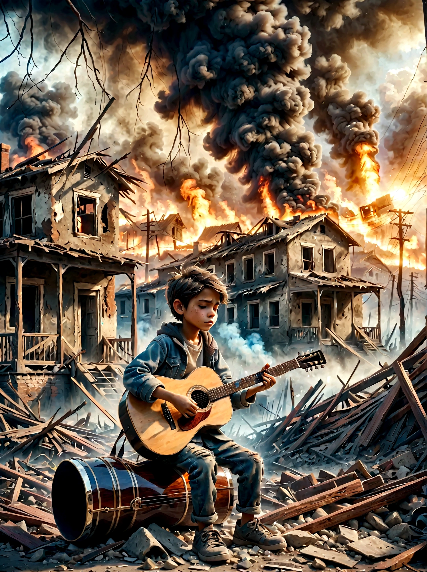 In the midst of a war-torn, smoky ruin, a is playing a guitar. The scene captures the stark contrast between the devastation of the surroundings and the innocence of the child. The ruins are filled with debris and remnants of buildings, with smoke and fire in the background. The child's expression is somber, reflecting the harsh reality of the situation. The overall mood is poignant and emotional, with muted colors and dramatic lighting to emphasize the desolation and the glimmer of hope represented by the music.