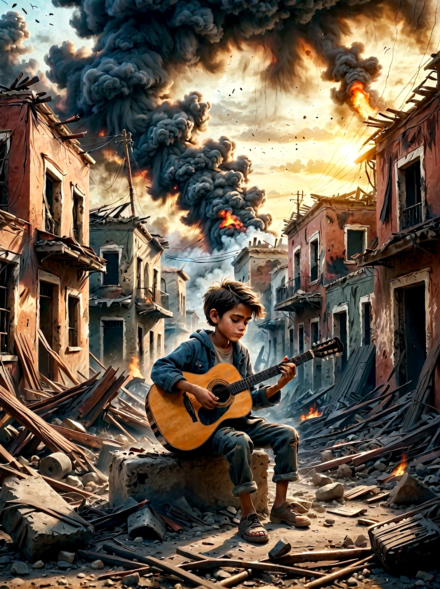 In the midst of a war-torn, smoky ruin, a  child is playing a guitar. The scene captures the stark contrast between the devastation of the surroundings and the innocence of the child. The ruins are filled with debris and remnants of buildings, with smoke and fire in the background. The child's expression is somber, reflecting the harsh reality of the situation. The overall mood is poignant and emotional, with muted colors and dramatic lighting to emphasize the desolation and the glimmer of hope represented by the music.