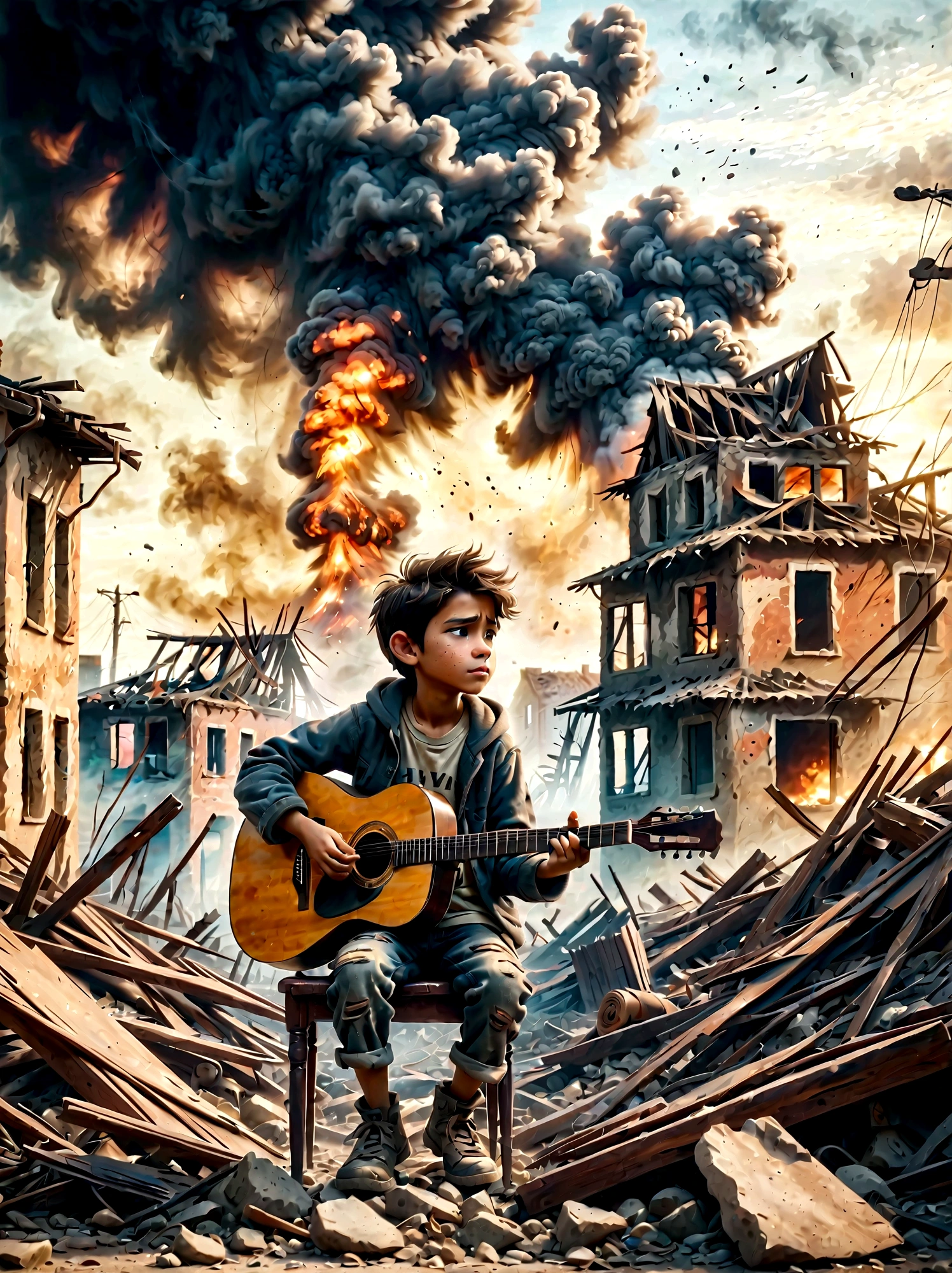 In the midst of a war-torn, smoky ruin, a  child is playing a guitar. The scene captures the stark contrast between the devastation of the surroundings and the innocence of the child. The ruins are filled with debris and remnants of buildings, with smoke and fire in the background. The child's expression is somber, reflecting the harsh reality of the situation. The overall mood is poignant and emotional, with muted colors and dramatic lighting to emphasize the desolation and the glimmer of hope represented by the music.