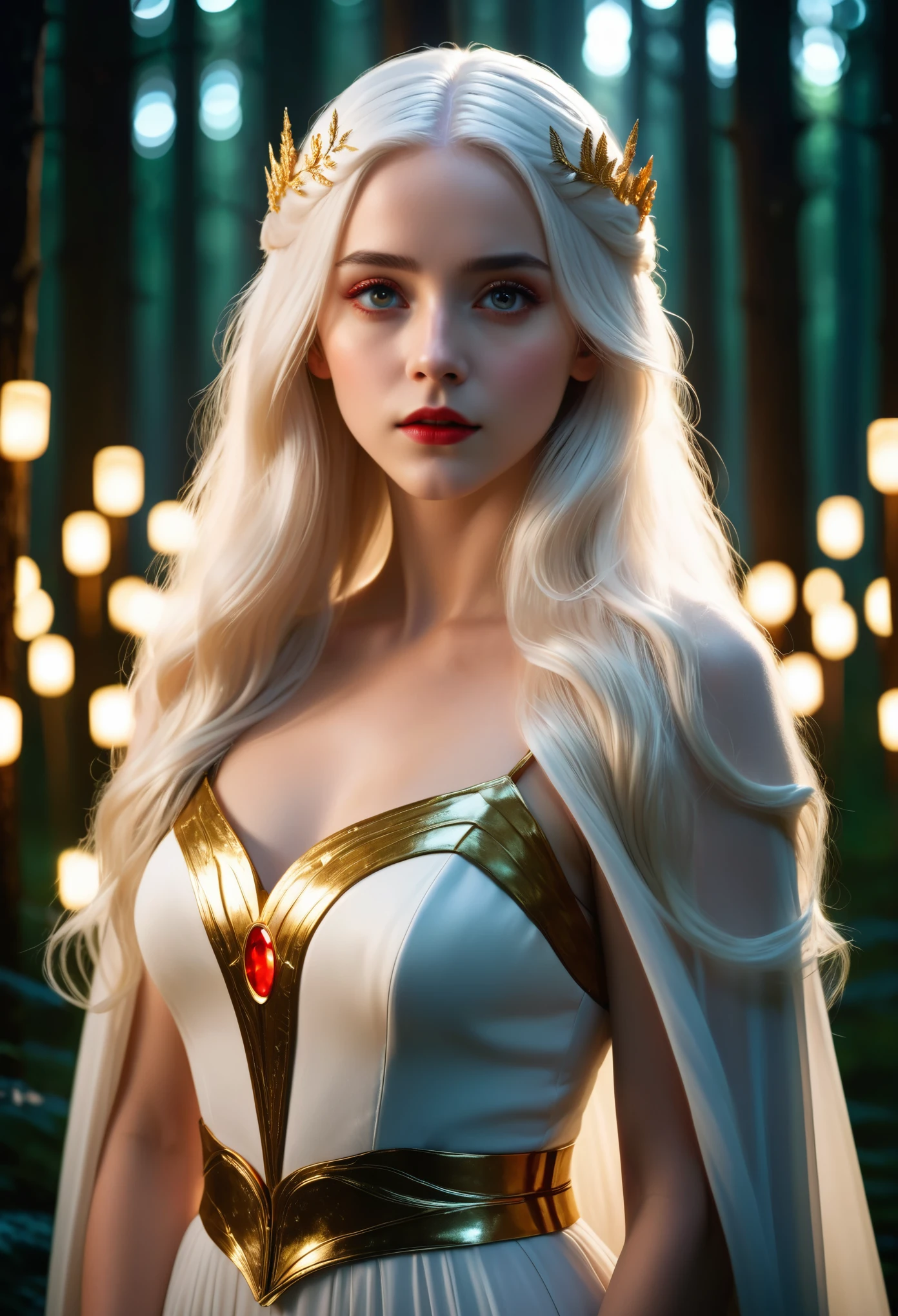 a girl with long white hair, White skin, and red eyes, In a forest of movie lights, Darkness and Low Light. She wore a white dress with gold accents, Her eyes are focused, Looking at the audience. Her skin is very fair, Her face is delicate and flawless, masterpiece, Artwork of the highest quality. This image is an incredibly detailed 8K CG wallpaper, Featuring art film lighting and cinematic tones as well as neutral filters.