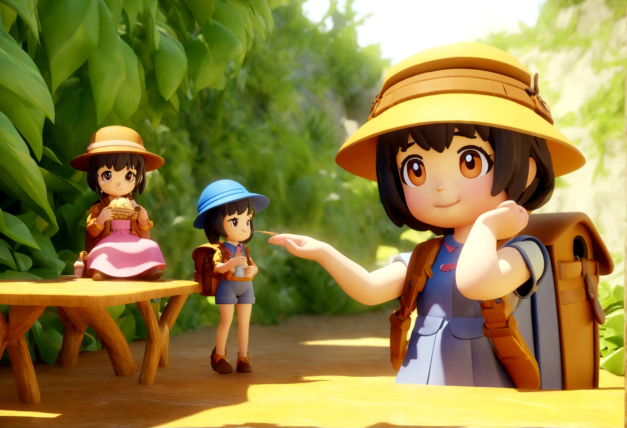 Character sheet of a cartoon character in a hat and backpack, female explorer mini cute girl, eating the food in the wilderness, flower jungle, animation style rendering, cute 3 D rendering, small characters. Unreal Engine 5, stylized anime, cute detailed digital art, Atey Ghailan 8 K, stylized 3D rendering, adventure surreal rendering, anime style 3D, 3D rendering stylized, multiple poses, 