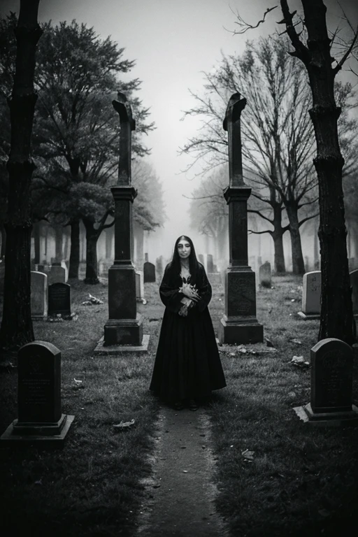 gravure style image of a medieval gravure by Gustave Dore, Natalia Drepina and Brooke Shaden surreal postcard on a cracked paper, extremely dynamic, unusual , vintage, black metal style vintage distressed black and white xerox of an evil cemetery at night with fog sorrounding the graves, seen from below, {{{masterpiece}}}, best quality, {{top quality}}, (black metal album cover), black and white pencil ansel adams picture of the experience of madness in the context of depression. Depict this inner struggle through the image of an evil cemetery at night in a dark and gloomy space, very dark cemetery (dead branches), reflecting sadness and despair. Use muted colors and cool tones to convey melancholy. Incorporate abstract elements that suggest a distorted perception of reality. The image should be both poignant and respectful towards those facing depression, kodak portra 800t, hasselblad, 35mm effect, eerie, gloomy, foggy, motion blur