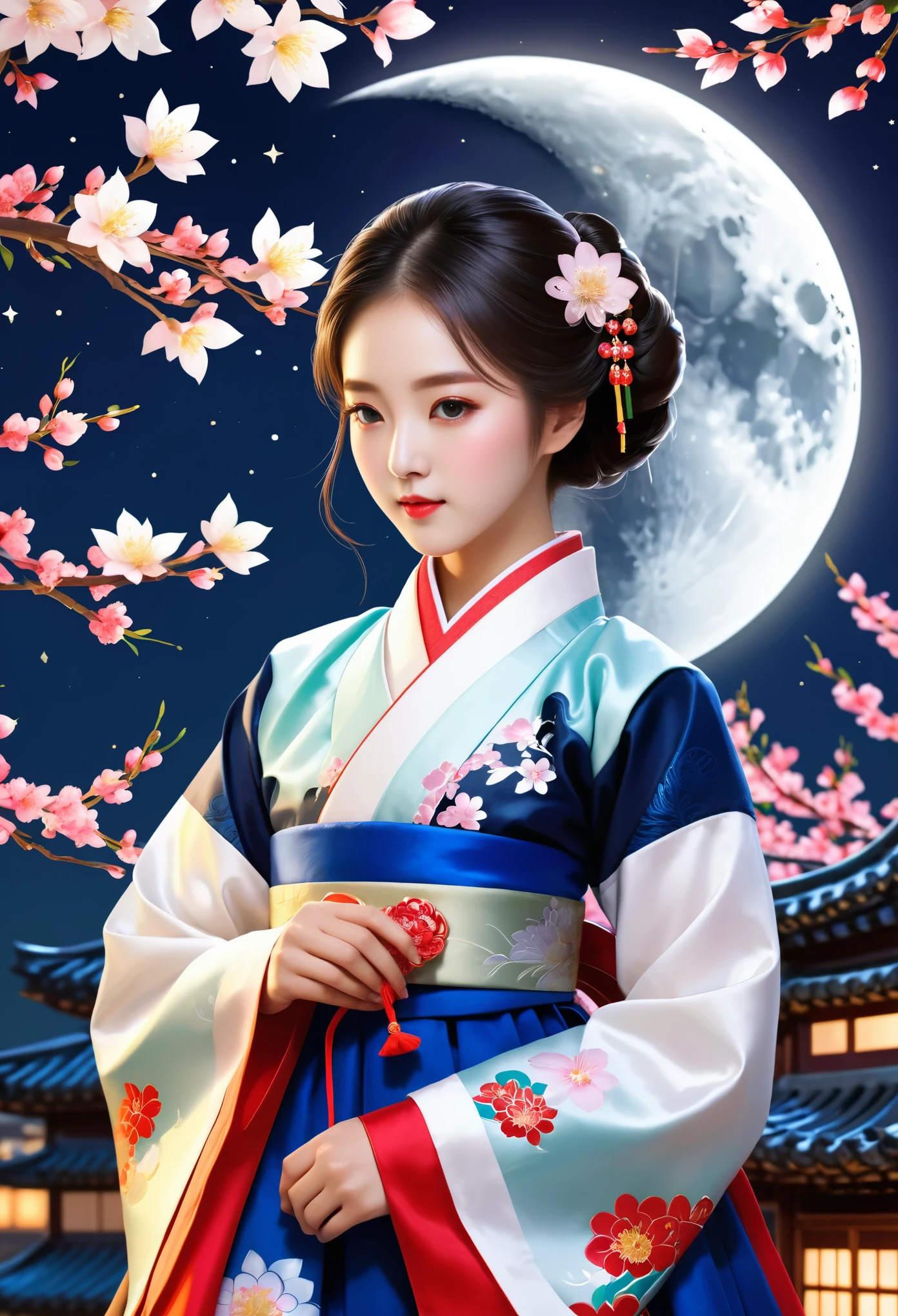 best quality, High_solve, clearly_image, Detailed background ,girl, Hanbok,flower,flower园,moon, night,