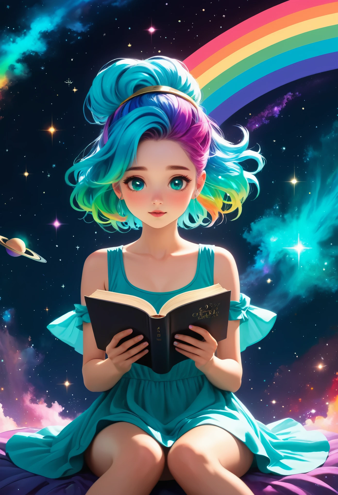 (best quality, masterpiece), 1 Girl, read a book, particle, , Upper Body, Simple background, looking at the audience, Rainbow Hair, Teal Short Flowy Dress, Cosmic, nebula, galaxy