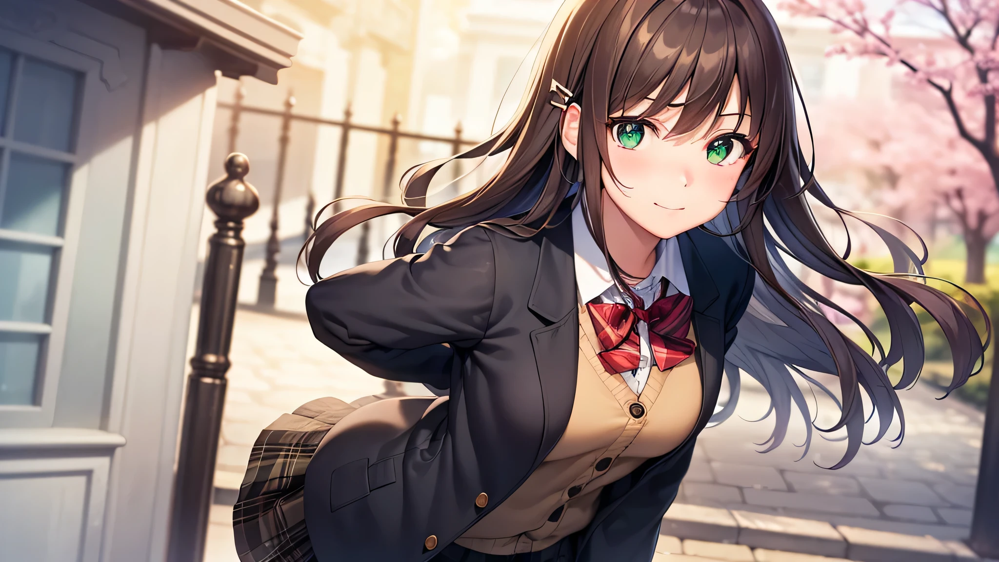 ((masterpiece, highest quality, High resolution, 超High resolution, Pixel perfect, Depth of written boundary, 4K, RTX, High resolution))), One girl, single, alone, Beautiful Anime Girls, Beautiful art style, Anime characters, ((Long Hair, bangs, Dark brown hair, Simple hairpin)), ((Green Eyes:1.4, Round eyes, pupil, Beautiful eyelashes, Realistic eyes)), ((Detailed face, Blushing:1.2)), ((Smooth texture:0.75, Realistic texture:0.65, Realistic:1.1, Anime CG Style)), Medium chest, ((Dynamic Angle, Cowboy Shot)), Perfect body, ((Red bow tie, , Black jacket, Open jacket, Brown cardigan, White shirt, Black Skirt, Checked skirt)), smile, Put your hands behind your back, Leaning forward, amusement park, cherry blossoms