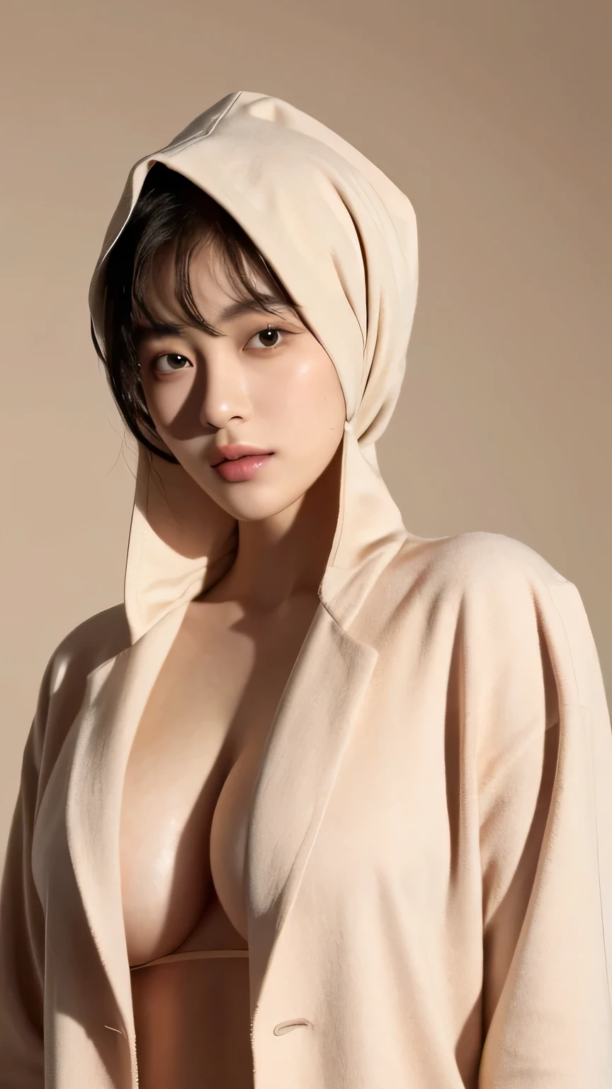 a 20 yo woman,hijab, soothing tones, muted colors, high contrast, (natural skin texture, hyperrealism, soft light, sharp), simple background, The fabric traces the shape of the body, big breast (big size breast: 1.4) no underwear, no bra, nude breast, wearing pink blazer 