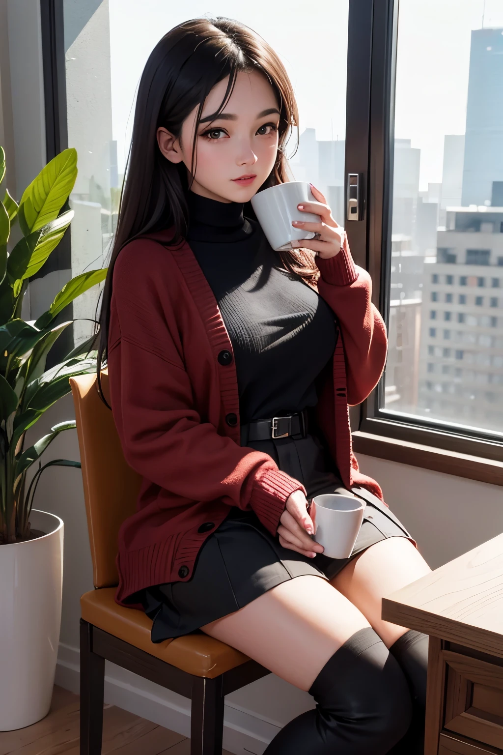 dentro de casa, retrato, a 25 year old woman holding a cup of coffee, cardigan preto de malha cropped, arm:1, dark red narrow skirt with black checkered pattern, black suede knee-high boots, standing next to an office window