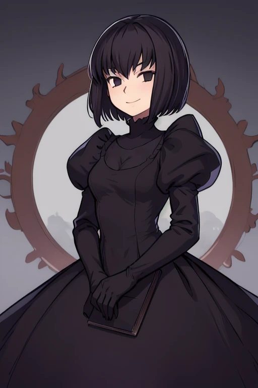 alicekuonji, smile, long black dress, puffy sleeves, black capelet, long black dress, black gloves, library, best quality 