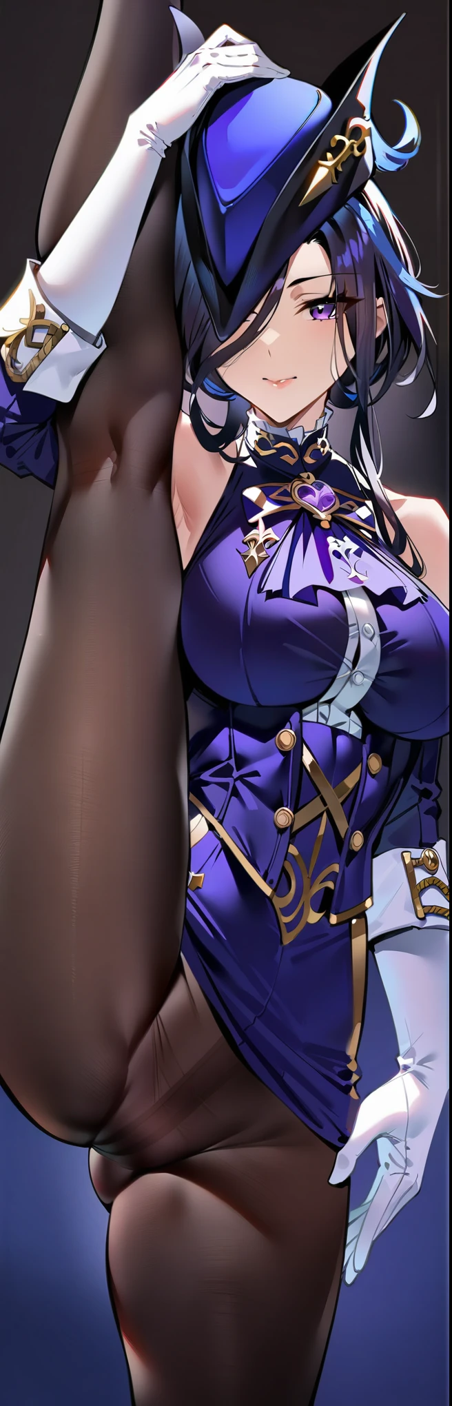 (masterpiece, best quality:1.2), 1girl, solo,standing_split, 
Clorinde, white gloves, tricorne, black pantyhose, sleeveless clothing,Sleeveless shirt, Unzip the jacket,  detail_face， eyeslashes， purple shinny hair