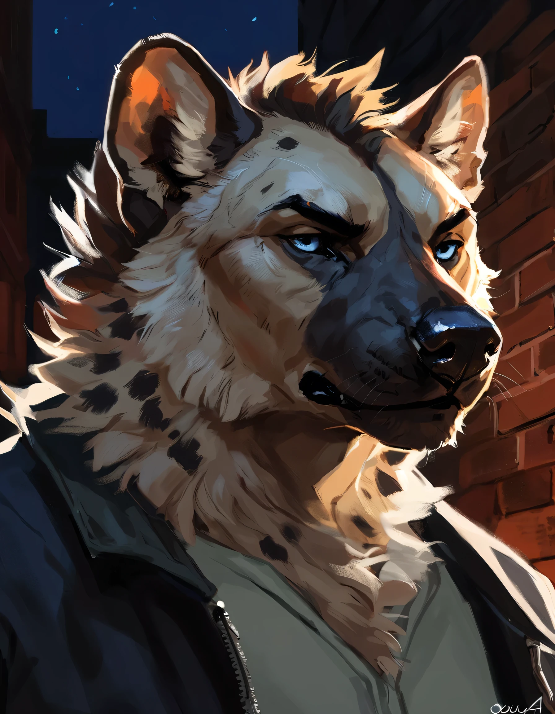 (hyena), (solo), male, anthro, (by Oouna), (tail:1.3), (perfect hands), ((annoyed expression)), ((intricate background, brick alleyway background, ((evening, darkness,)) dark shadows)), realistic shading, (epic, masterpiece, high quality, 8k, ultra HD, absurd res, top quality, best quality, max quality, masterpiece), ((thick fur, beefy, masculine)), correct anatomy:1.2, ((mature male)), blue eyes, headshot, dark spots on fur,