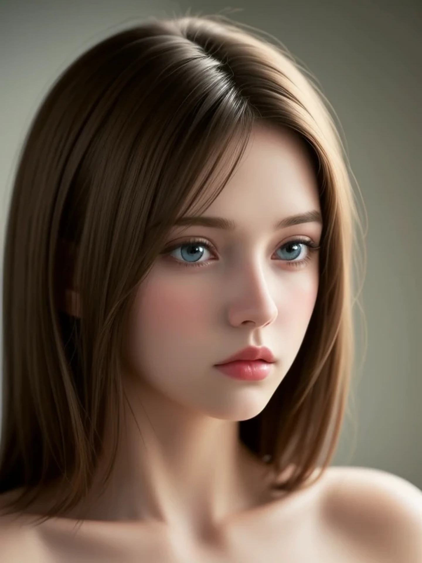 (looking away:1.4), (upper body shot:1.2), Realistic digital painting of a woman portrait, Shy, Cute, open mouth to say something, sad, blue eyes, (medium hair:1.1), (light brown brunette hair:1.3), (Highly detailed skin:1.2), Mystical style, Global Illumination,