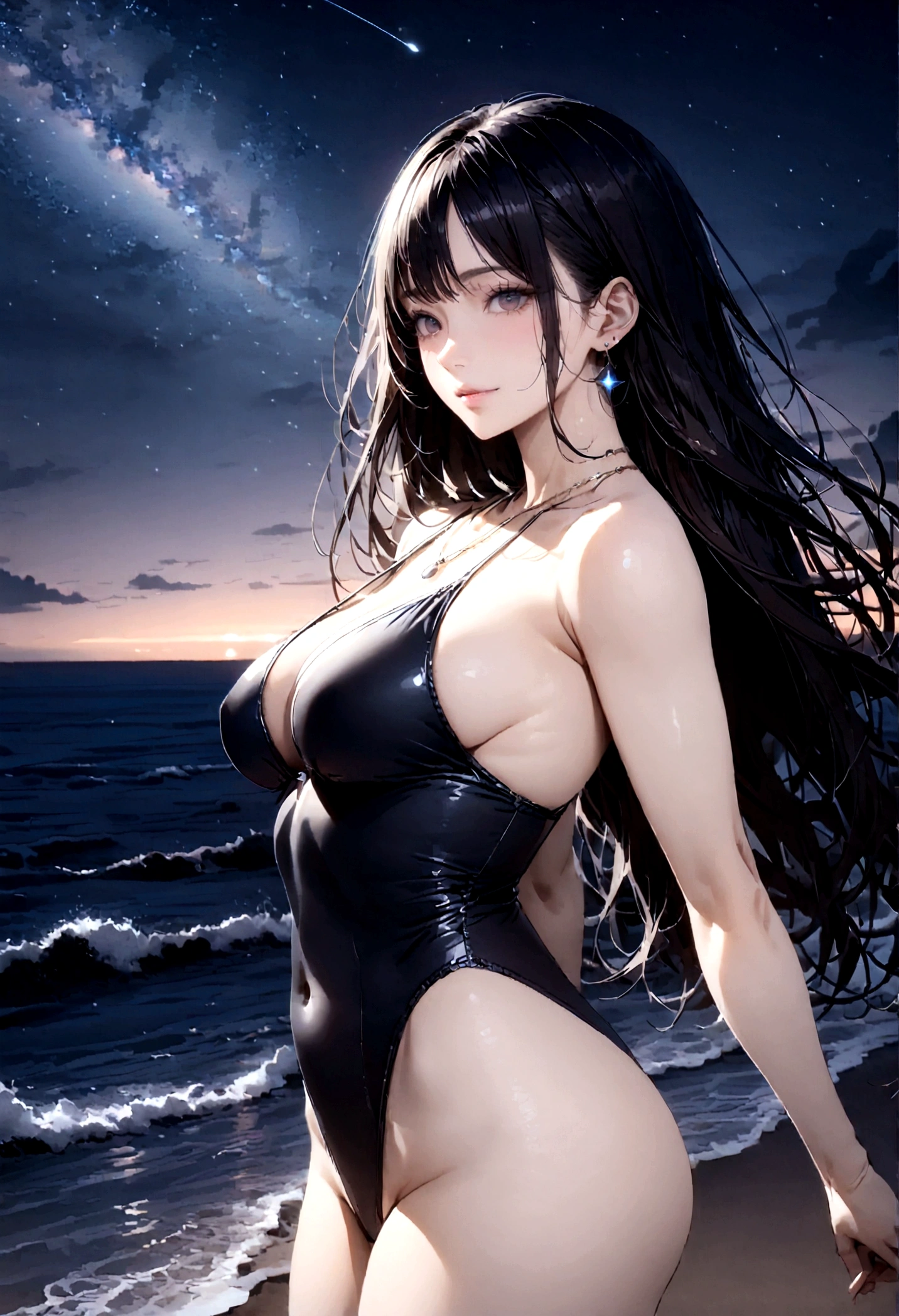 8k, masterpiece, RAW Photos, highest quality, Realistic, Very detailed, Depth of written boundary, Cinematic Light, Anatomically correct body,
One beautiful 40 year old woman, Very beautiful face, Exquisitely detailed face, (A calm and gentle face:1.4), Very delicate skin texture, Transparent muscle, Shiny white skin, Glamorous Body,
(Wavy black long hair:1.2), (Sexy Breasts:1.1), (Sexy ass:1.1),
(High leg swimsuit:1.2), (Detailed cloth texture:1.2), (Gorgeous necklace:1.1), (Gorgeous earrings:1.1),
(Dark starry background:1.4), (Milky Way:1.1), (milky way:1.1), (shooting star:1.1), (Dark coastline at night:1.4), (Pitch black sea surface:1.4),
(Standing on the beach:1.2),
(Cowboy Shot:1.2),