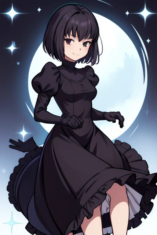 alicekuonji, smile, long black dress, puffy sleeves, black capelet, long black skirt, white gloves, park, best quality 