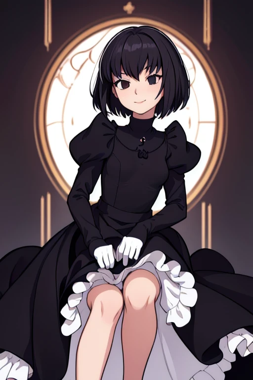 alicekuonji, smile, long black dress, puffy sleeves, black capelet, long black skirt, white gloves, park, best quality 