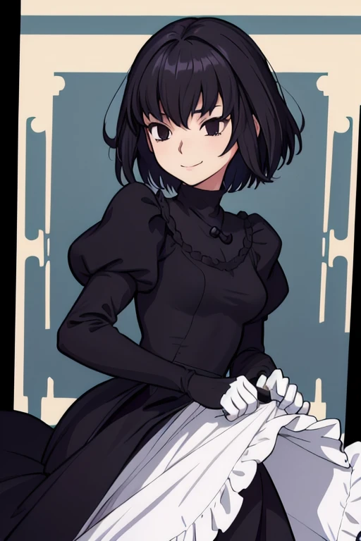 alicekuonji, smile, long black dress, puffy sleeves, black capelet, long black skirt, white gloves, park, best quality 