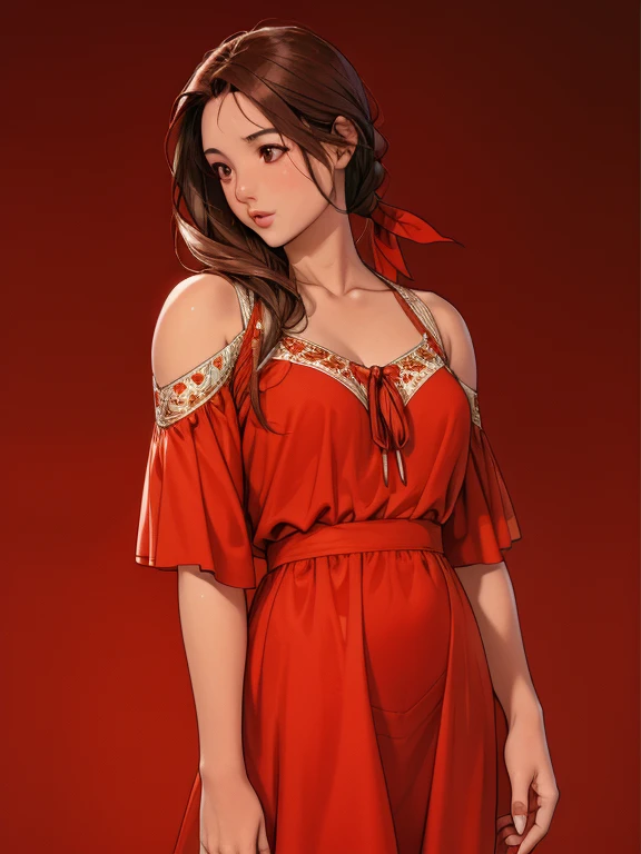 10 years of life, Brown Hair, Fair skin, Realistic, Long hair tied with a red ribbon, Light brown eyes, Red dress, 8k images, Realistic human skin, Image of real ,