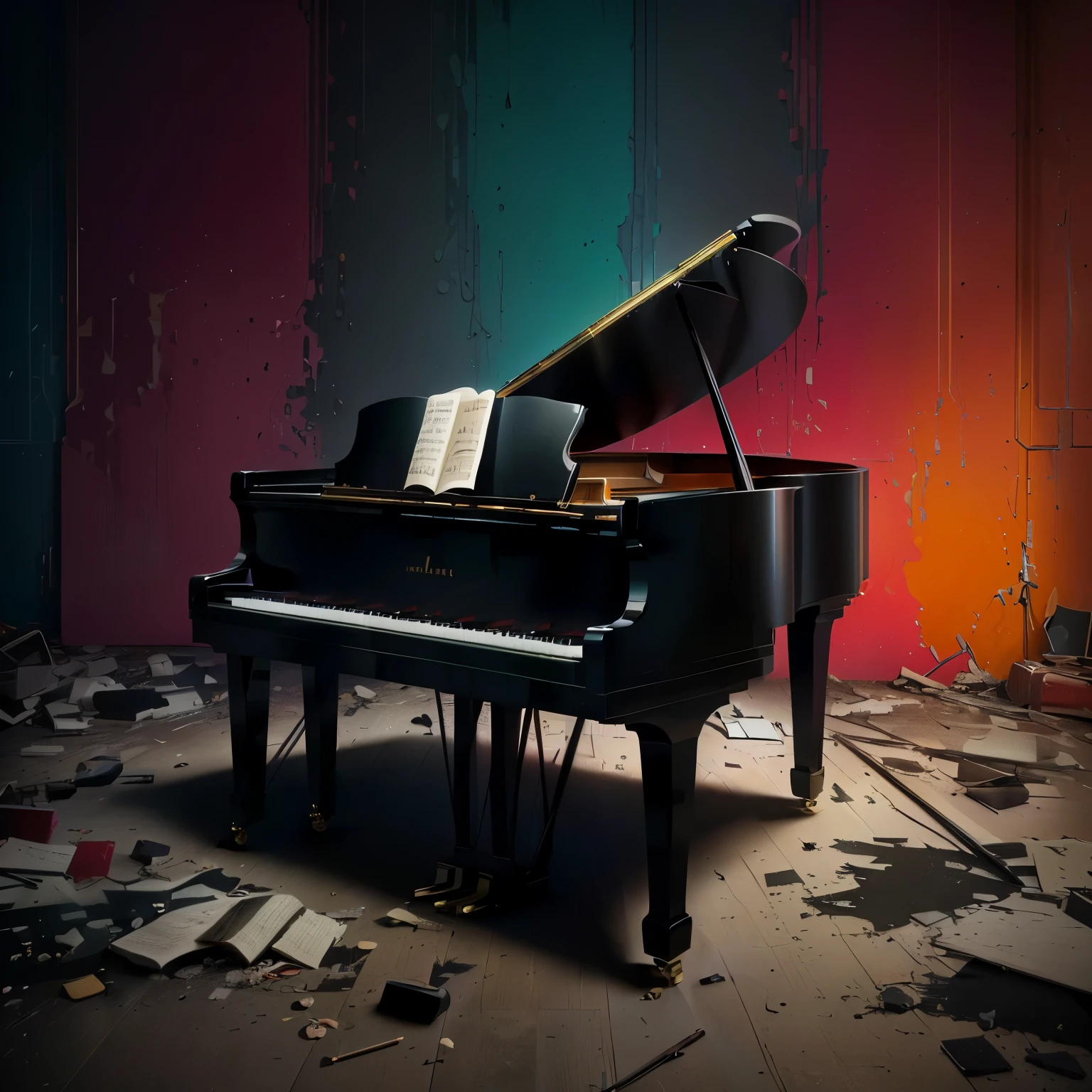 there is a piano sitting in a room with a colorful wall, grand piano, pianos, piano, piano in the background, full piano, real pianos, Realistic cinema 4 d render, hypeRealistic Octane Rendering, Official artwork, pianist, Daily Rendering, energetic jazz piano portrait, Abandoned, Realistic. Octane Rendering, photoRealistic music album cover, A wonderful composition!!!