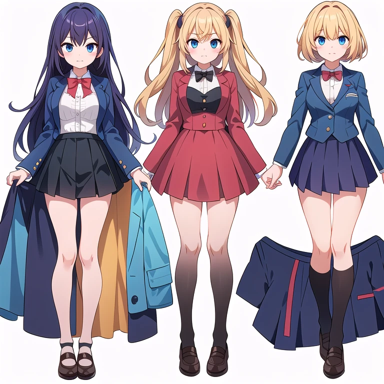 (stand posture), cute eyes, 3 girls, blazer jacket, skirt, solo, ((white background)), (full body), multiple views, bustier,