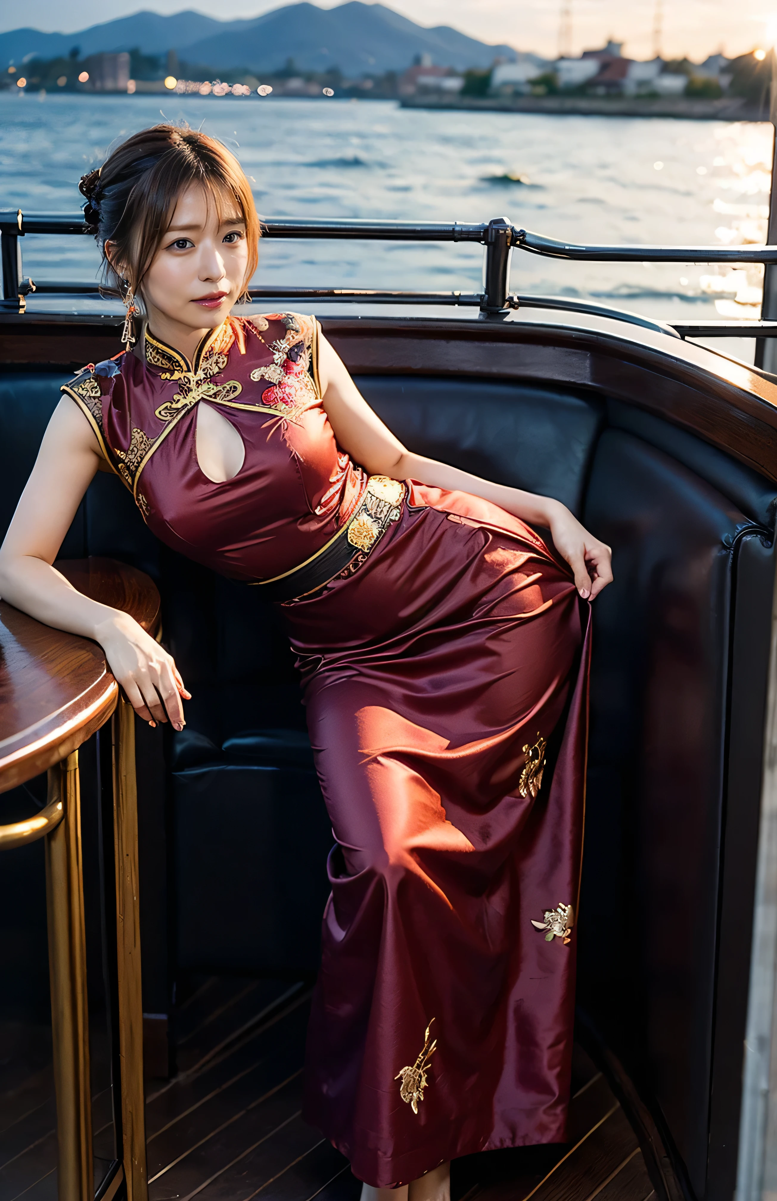 The sky turns red、A typical Chinese mountain々I can see、((hair ornaments:1.5)).A gorgeous gold embroidered Chinese dress、hair ornaments、Tie your hair elegantly、Gorgeous silk cheongsam、((Standing on a boat and posing sexy、Luxurious and shiny wine red Chinese dress with embroidered long skirt:1.4)).A luxurious and shiny silk cheongsam、A luxurious navy blue cheongsam with embroidery、Woman standing on a boat、Light brown hair、Elegant hairstyle、Blue Eyed Woman、A woman with a cute upward gaze、When the sky gets dark、The gentle light of the ship shines、The sky turns red as the sun sets、I can see your body lines in tight clothes、、Elegant navy blue summer knit、Elegant black summer sweater、Short skirt、Dress elegantly着こなす、Luxury Bagedium Shorthair:1.4))、Skyscrapers seen across the sea、Manhattan 私sland is visible offshore、Woman on a sightseeing boat、、The sun shines on her、Light brown hair、Light brown hair、The sky was dyed red、There are clouds、private's cute、An elegantly dressed woman is sitting on a boat and watching the sunset、Her ample breasts are obvious even through her clothes..、The shining sun is so beautiful、Dusk is approaching、Lens flare、I can see the sunset、((Sunlight reflecting off the ocean、Ocean View、The sun shines on the sea、'beautiful.、Small earrings、private'evening、Birds are also flying、、Brown Hair Color、Tying up hair、The woman is on the right:1.4))、Luxury Leather Belts、Shiny clothes、Light beige hair color、Background Blur、Braid only the front hair、Light brown hair、{{Cowgirl Shot}}、((Close-up shot from the waist up、Ample breasts:1.4))、Smile、Silk clothing、Ample breasts that can be seen even through clothes、Braid only the front hair、Cowboy Shot、Gorgeous white collared silk shirt and brown skirt、Dress elegantly、Luxury Bags、A lovely smile、((Ample breasts))、Full body photo、ring、Short skirt、Tuck your hair behind one ear、Silver Necklace、smile、 Elegant ponytail、Caustics、Highly detailed photos、Very beautiful and ideal short hair、Super no makeup、(8k、RAW Photos、highest quality、masterpiece:1.2)、(Realistic、Realistic)、1 girl、((Medium Short Hair、Looking into the camera:1.4))、Hair blowing in the wind