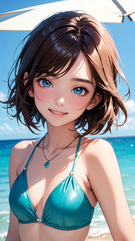highest quality、Realistic、Women、、zoom、Chestnut Hair、Turquoise Eyes、short hair、Swimwear、smile、Ocean、Looking down、、Bust Shot、