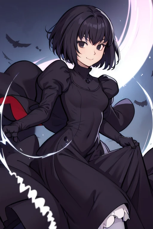 alicekuonji, smile, long black dress, puffy sleeves, black cape ,long skirt, white gloves, park, black tights, best quality 