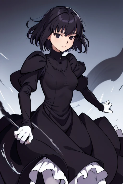 alicekuonji, smile, long black dress, puffy sleeves, black cape ,long skirt, white gloves, park, black tights, best quality 