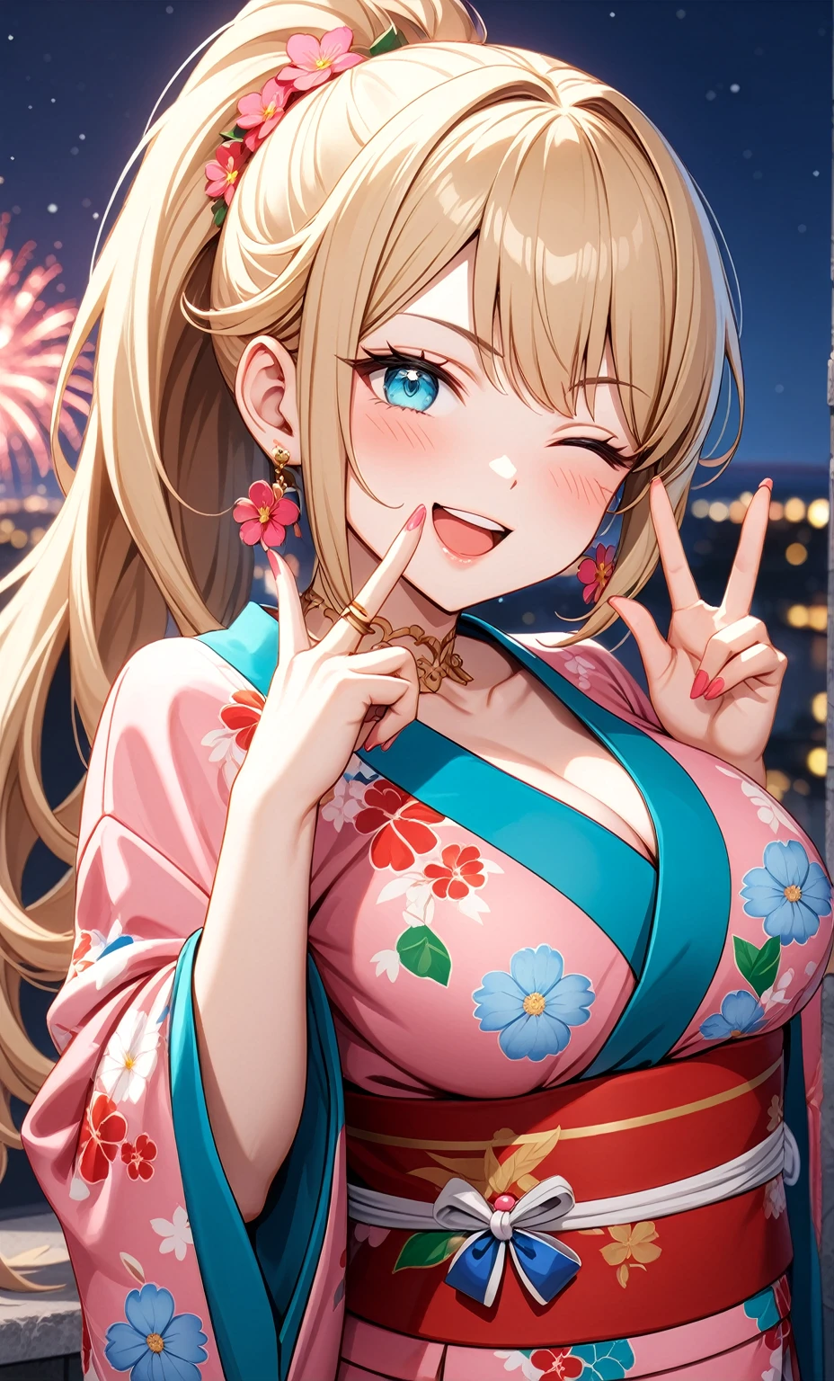 ((one personの女性)), Beautiful Face,(a woman making a peace sign. She is forming a peace sign with both hands and smiling at the camera), Laughing embarrassedly,((Wink:2.0)),Laughing with your mouth open,((Red cheeks:1.3)),Lighting on the face,Glossy pink lips,night,rooftop,Festive decorations,You can see the ocean, firework,((Anime style background)),masterpiece, highest quality, so beautiful, Latest, Complex details, (Pink long nails),(ring),(flower bracelet),Floral choker,AI-generated, Complex,High resolution, highest quality, super high quality,3D Images、View your viewers、3D Images,one person,Long Blonde Hair,High Ponytail,Turquoise Eyes,Anime woman posing for a photo, (Fine grain,Colorful eyes,Shining Eyes:1.4),(Squint your eyes:1.1),a hyperRealistic , hyperRealistic , Realistic,Blonde anime woman with long hair, Smooth anime CG art, A woman in a colorful kimono with gold embroidery, (Pink kimono),Red floral pattern,Long flower hair ornament,Large floral earrings,(ring),(Big Breasts:1.1),Mature Body,Tall,Big Ass,Fine details,Tight waist,Abdominal muscles,(Face close up:1.5),(Tilt your face), Shooting from an angle,