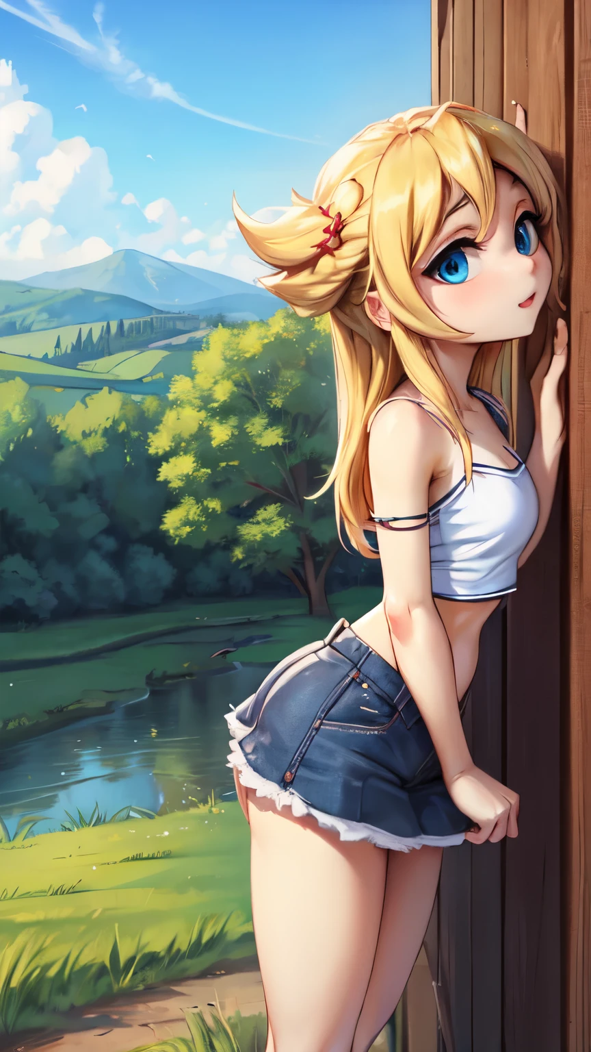 White tube top, white felt miniskirt, blonde medium wave hair, narrow eyes, blue eyes, countryside, outdoors, blue sky,