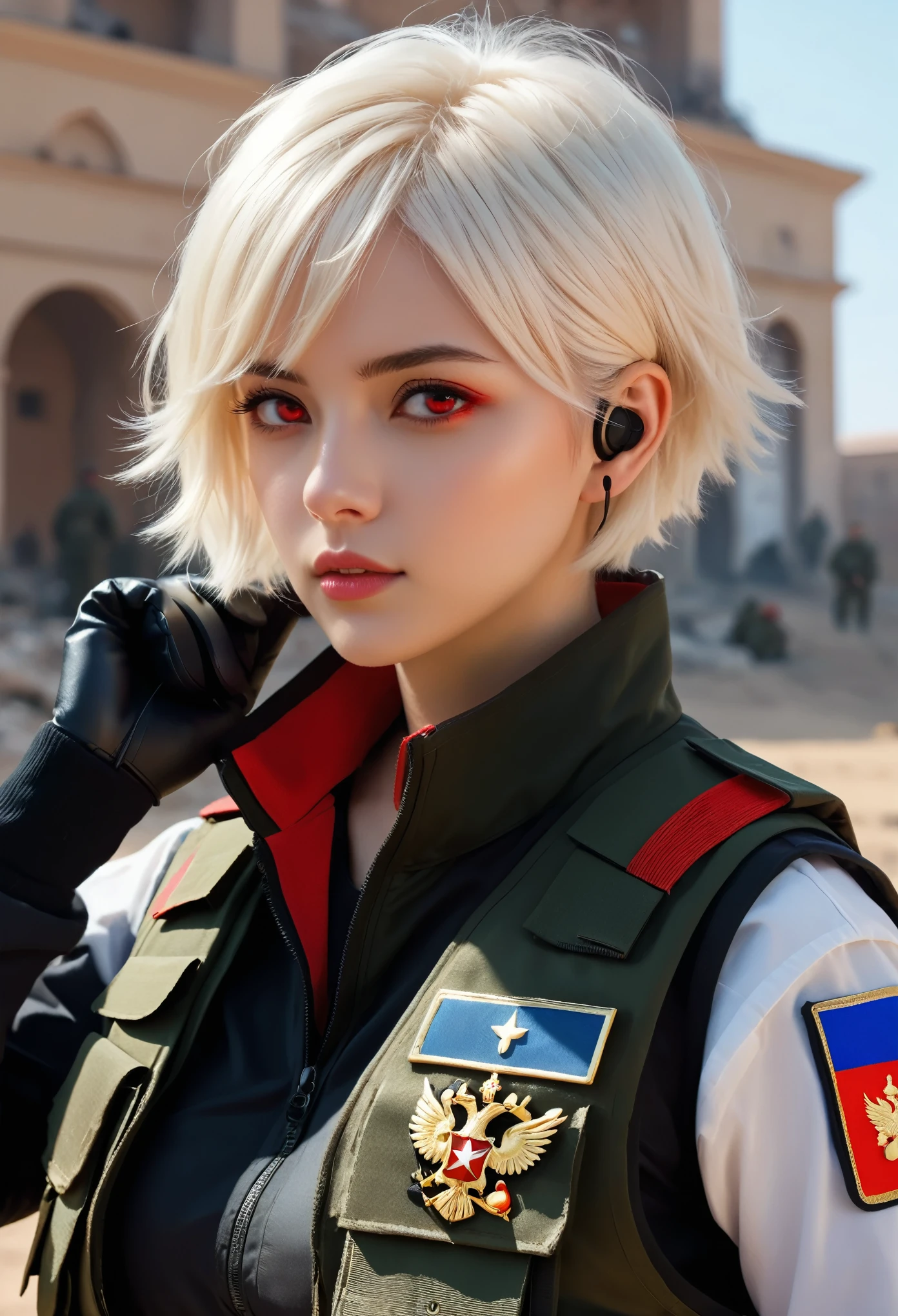 masterpiece , A girl, On the war zone, ( light white short hair:1.2), (Red Eyes:1.2), (Russian military uniform:1.2), (looking at the audience:1.2) , (8K, Best quality 1.2), Extremely detailed, 8K uhd, soft light, high quality, Film Grain, Beautiful Lights, Movie ,Perfect body , Optimal lighting, The best shadow, sharpest, Compared, Red glasses, messy hair, Tactical Vest, Gloves, earphone, absurdres high detail face