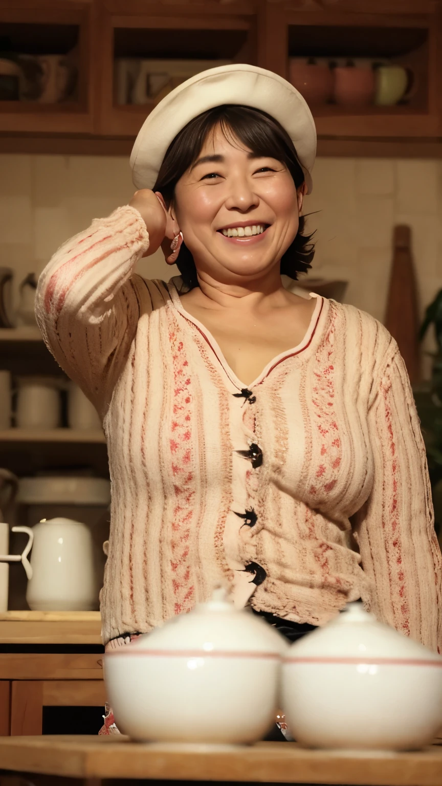 Girl, Fit the top of your head to the screen, Focused, Sitting in a coffee shop, Background Blur, gravure, Toothy smile, highest quality, Very detailed, Realistic, Ultra-dense skin, Anatomically correct, , , 110 years old, Big Breasts, , , , Pure white skin, Looking at the audience,