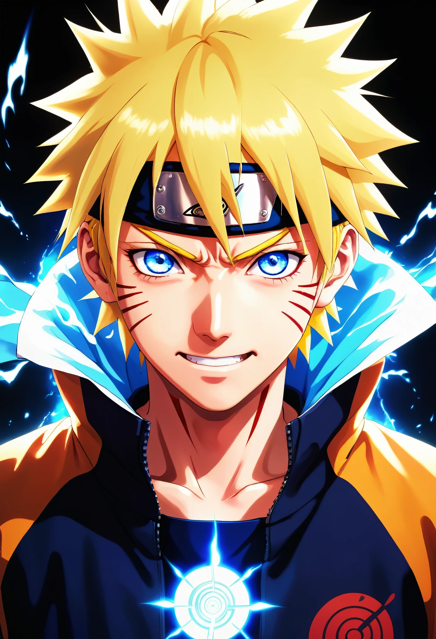 Smile, Blood_skelter, Bright Eyes, 1 boy, Uzumaki Naruto, Blonde Hair, clothing, struggle, struggle, Battle damage, Solitary, 撕破的clothing, look directly, Very detailed, Japanese cartoons, HD, masterpiece, , 8K, professional, Symmetrical, (delicate eyes, Eye iris:0.5), (looking at camera:0.8), blue eyes, Yellow hair, spark, Rays