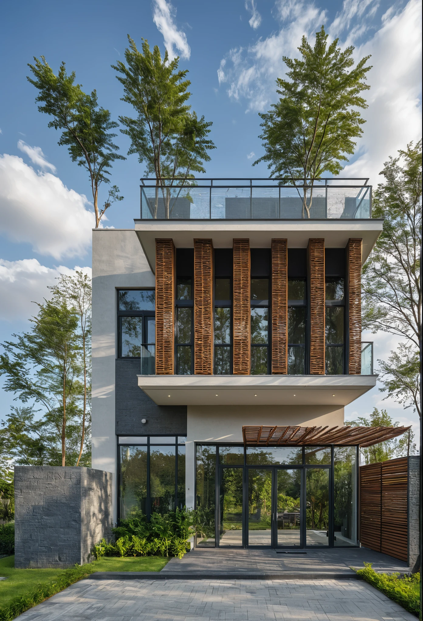 Masterpiece, high quality, wooden louvers, best quality, authentic, super detail, outdoors, onestoreyvillaXL, aiaigroup, house style modern on the street ,stairs, white wall ,road,pavement, grass, trees, sky, cloud, (daylight:1.1)