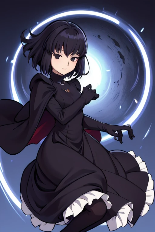 alicekuonji, smile, long black dress, puffy sleeves, black cape ,long skirt, white gloves, park, black tights, best quality 