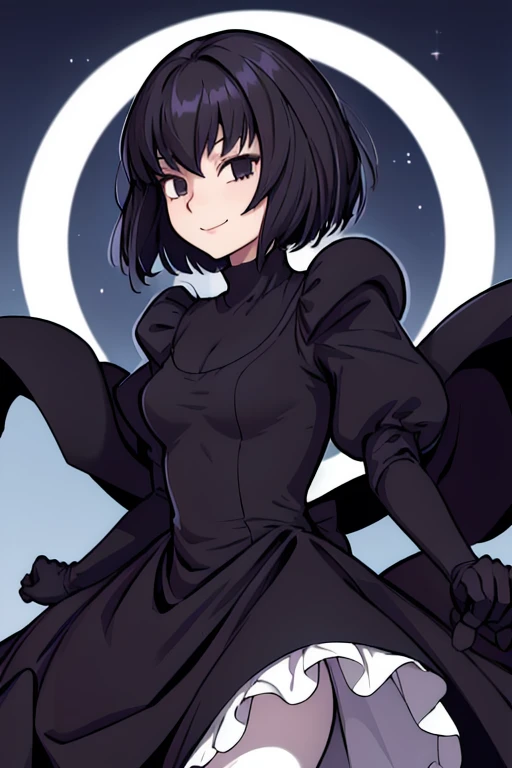 alicekuonji, smile, long black dress, puffy sleeves, black cape ,long skirt, white gloves, park, black tights, best quality 