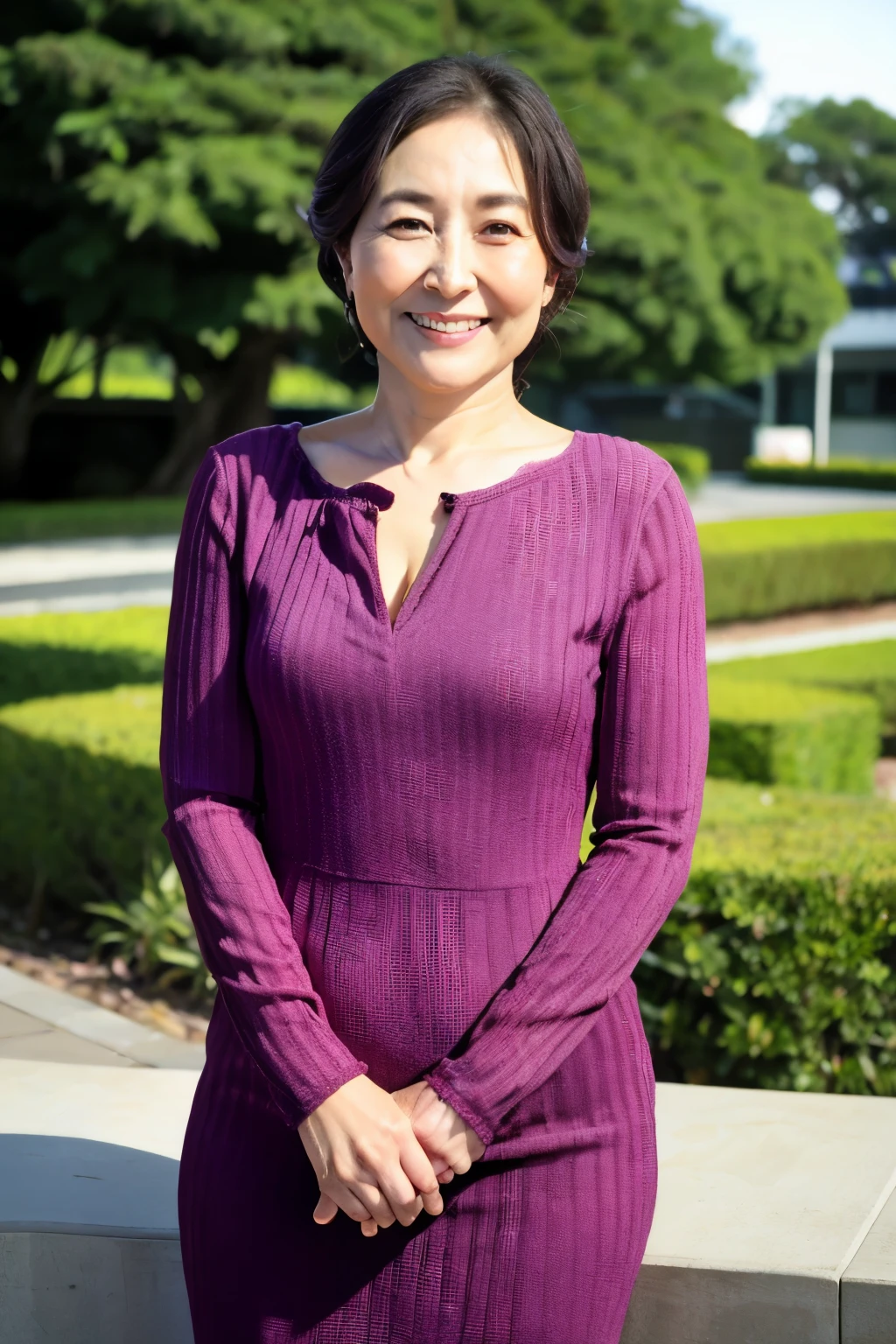 Standing in the park, Wrinkles around the eyes, Smiling with teeth showing, Plain short-sleeved clothing, senior citizen, Draw lips correctly, Red lipstick, No discomfort, 16K, Highest quality, Very detailed, Realistic, Very detailed肌, (Japanese), (alone), 60 years old, Large Breasts, , Glamour, sexy, Chromo White Skin, Staring straight ahead,