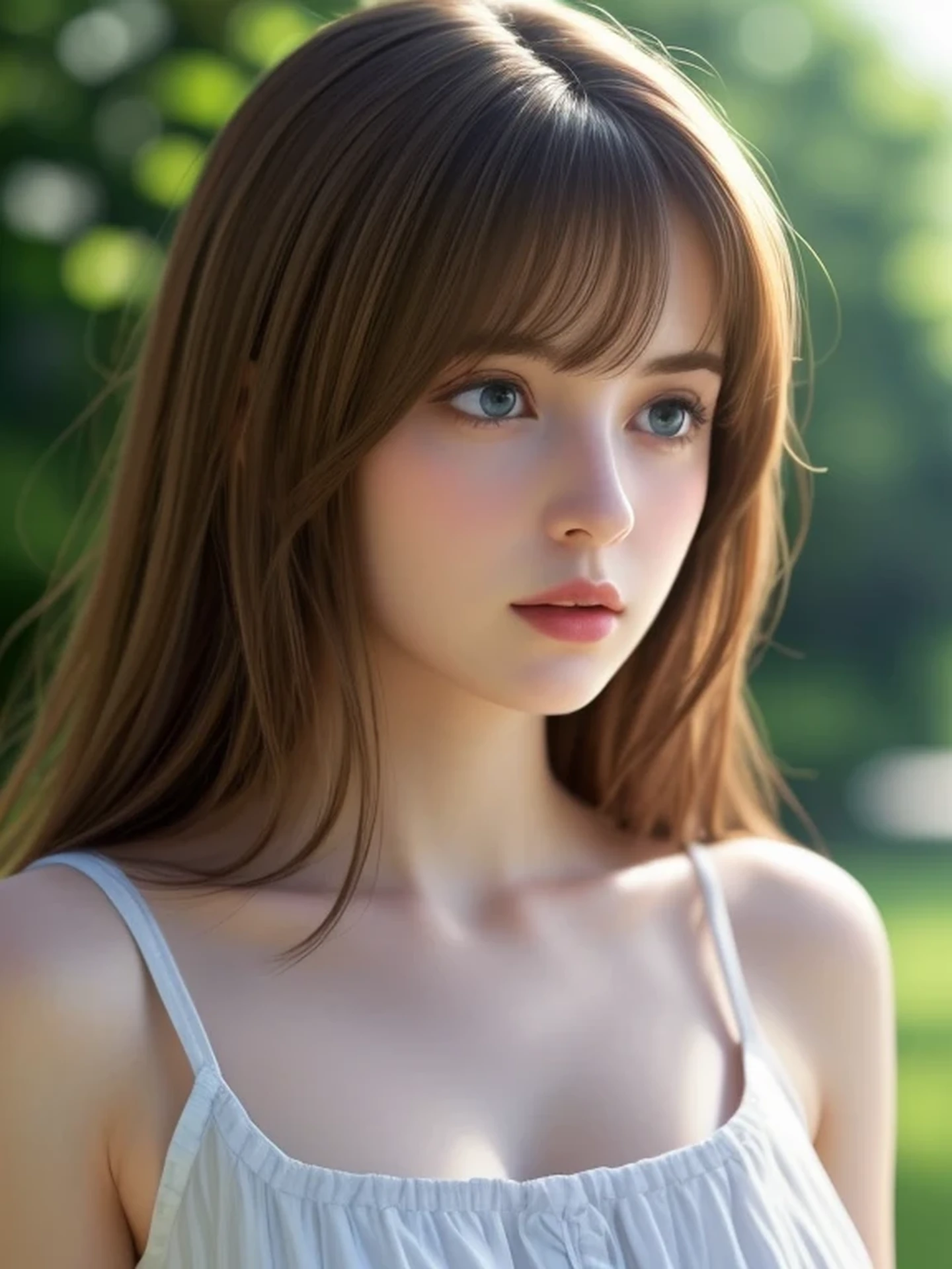 (looking away:1.4), (upper body shot:1.2), Realistic digital painting of a woman portrait, Shy, Cute, open mouth to say something, sad, blue eyes, (medium hair:1.1), (light brown brunette hair:1.3), (Highly detailed skin:1.2), Mystical style, Global Illumination,