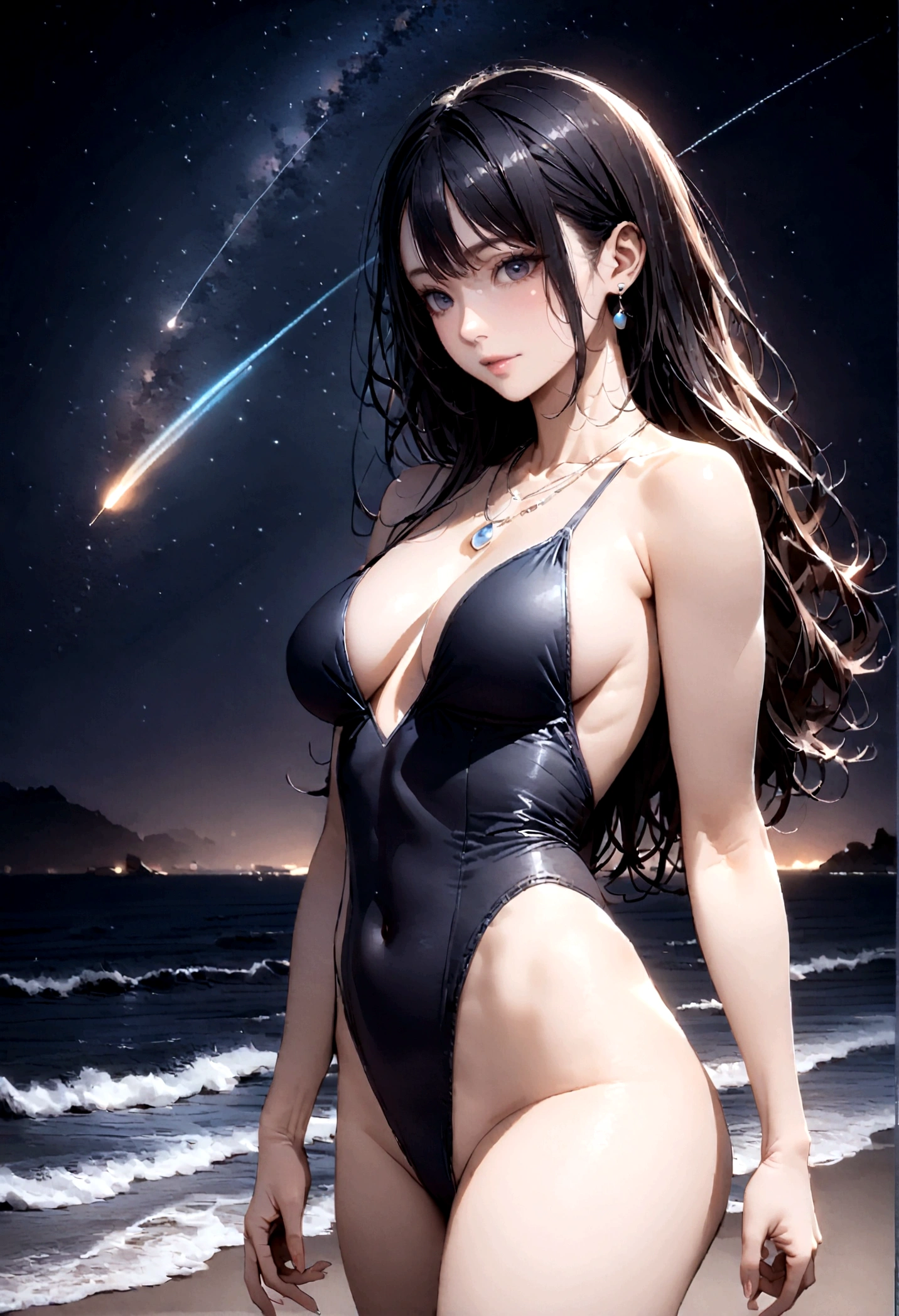 8k, masterpiece, RAW Photos, highest quality, Realistic, Very detailed, Depth of written boundary, Cinematic Light, Anatomically correct body,
One beautiful 40 year old woman, Very beautiful face, Exquisitely detailed face, (A calm and gentle face:1.4), Very delicate skin texture, Transparent muscle, Shiny white skin, Glamorous Body,
(Wavy black long hair:1.2), (Sexy Breasts:1.1), (Sexy ass:1.1),
(High leg swimsuit:1.2), (Detailed cloth texture:1.2), (Gorgeous necklace:1.1), (Gorgeous earrings:1.1),
(Dark starry background:1.4), (Milky Way:1.1), (milky way:1.1), (shooting star:1.1), (Dark coastline at night:1.4), (Pitch black sea surface:1.4),
(Standing on the beach:1.2),
(Cowboy Shot:1.2),