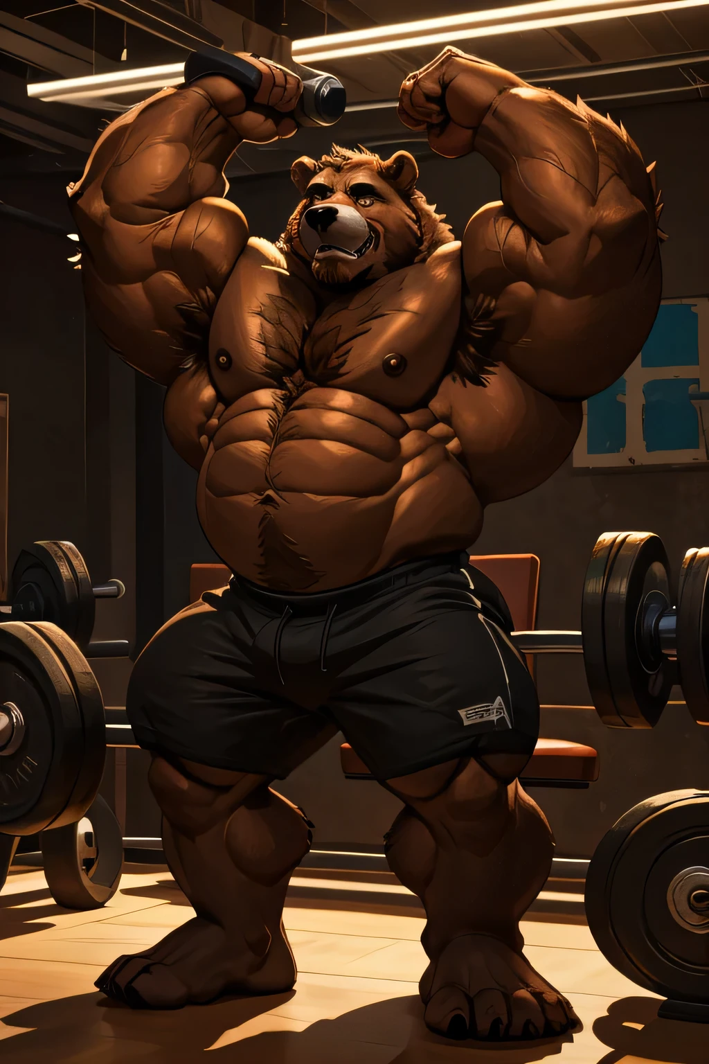 (best quality, 4k, highres, masterpiece:1.2), ultra-detailed, fury, furry art (realistic, photorealistic, photo-realistic:1.37), massive muscular, huge muscular, chubby Grizzly bear, working out, bench pressing in the gym, pumping his huge muscular arms, black shorts and black wristbands, lifting heaviest weights, barbells, gym equipments, brown hair, thick brown fur, super thick arms, super big pectoral, super wide hairy pectoral, topless, shirtless, eyebrows, impressive brown beard, strong jawline, kind eyes, strong arms, proud posture, well-built physique, professional lighting and backdrop, intense shadows, vibrant colors, dramatic composition, gritty texture, vintage aesthetic, dynamic perspective. Add textures and details to make the image more realistic, such as the appearance of the body built muscles texture and the appearance of the brown fur, strong bear