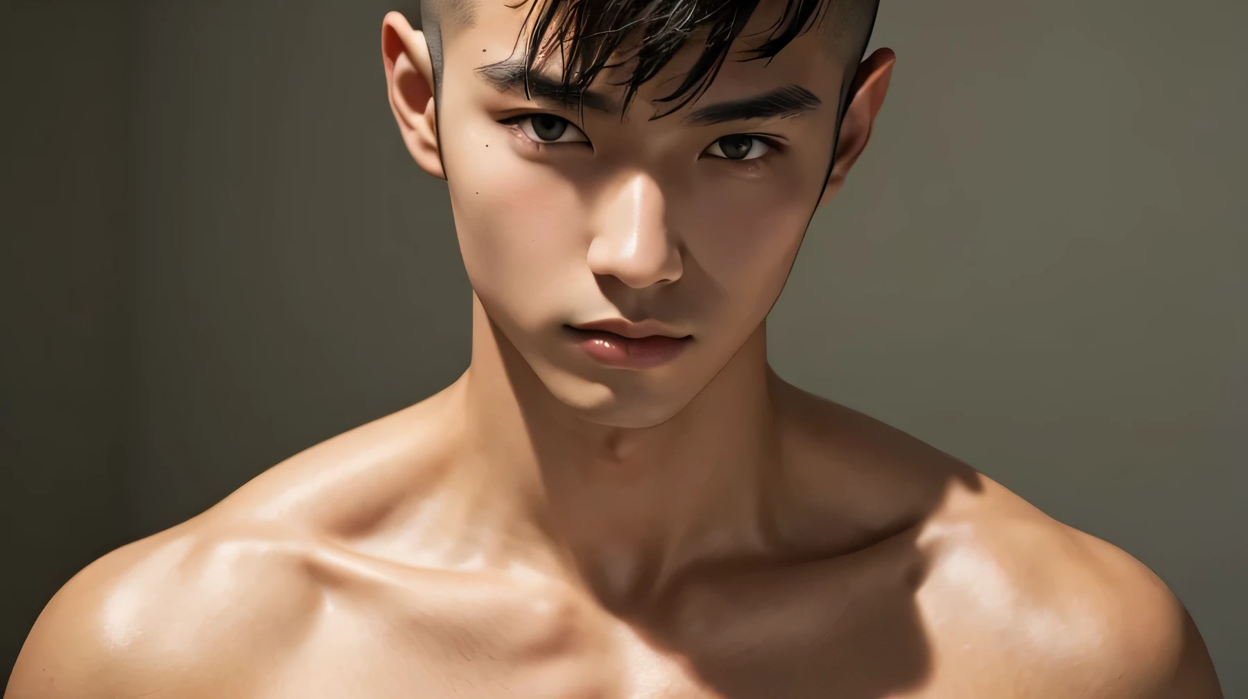 Handsome Japanese male model, 21 years old　Shaved head　Staring straight into the camera　Beautiful Skin　Nude from the shoulders up　ID photo　
