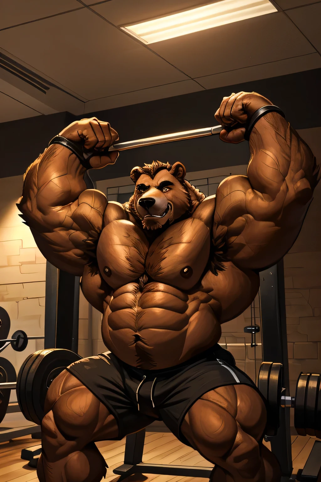 (best quality, 4k, highres, masterpiece:1.2), ultra-detailed, fury, furry art (realistic, photorealistic, photo-realistic:1.37), massive muscular, huge muscular, chubby Grizzly bear, working out, bench pressing in the gym, pumping his huge muscular arms, black shorts and black wristbands, lifting heaviest weights, barbells, gym equipments, brown hair, thick brown fur, super thick arms, super big pectoral, super wide hairy pectoral, topless, shirtless, eyebrows, impressive brown beard, strong jawline, kind eyes, strong arms, proud posture, well-built physique, professional lighting and backdrop, intense shadows, vibrant colors, dramatic composition, gritty texture, vintage aesthetic, dynamic perspective. Add textures and details to make the image more realistic, such as the appearance of the body built muscles texture and the appearance of the brown fur, strong bear