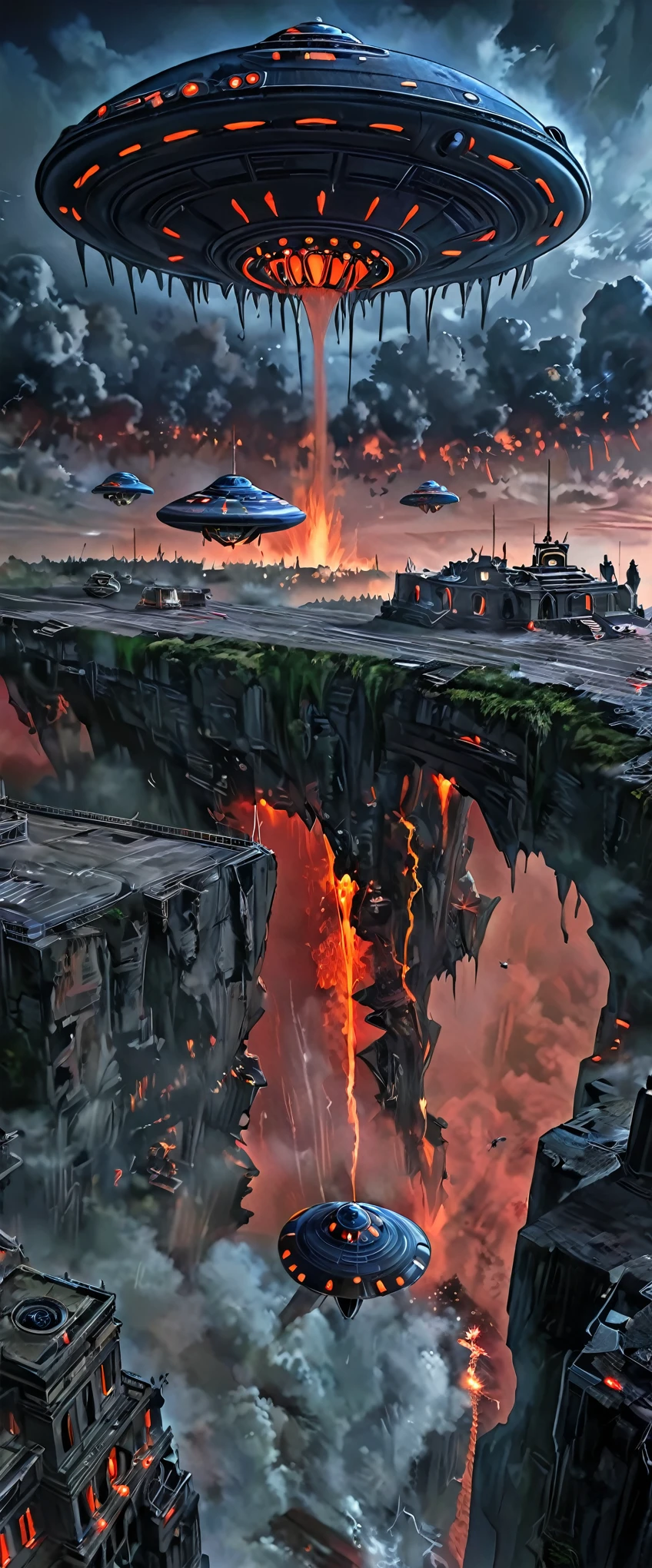 In this high quality, Super detailed tips, We will depict an epic scene of an alien attack at night. The image will be of the best quality, 4k or 8k resolution, Make sure every detail is visible. The main focus is on the alien attack, Highly detailed UFO hovering in the sky. People will run away in terror, Emphasize the tension of the situation. Nighttime footage will create a sense of suspense and drama, Darkness enhances visual impact. UFO lights will illuminate the scene, Bring a mysterious glow to the surroundings. The overall scene will be very realistic, Photo-realistic style. The color will convey a dark and dramatic mood, Dark blue and sharp contrast. Using sharp focus and studio lighting will further enhance the clarity and depth of your image.. Get ready for this exciting、A visually stunning masterpiece,It captures the thrill of an alien attack in extraordinary detail.