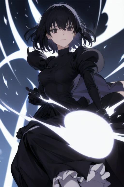 alicekuonji, smile, long black dress, puffy sleeves, black cape ,long skirt, white gloves, park, black tights, best quality 