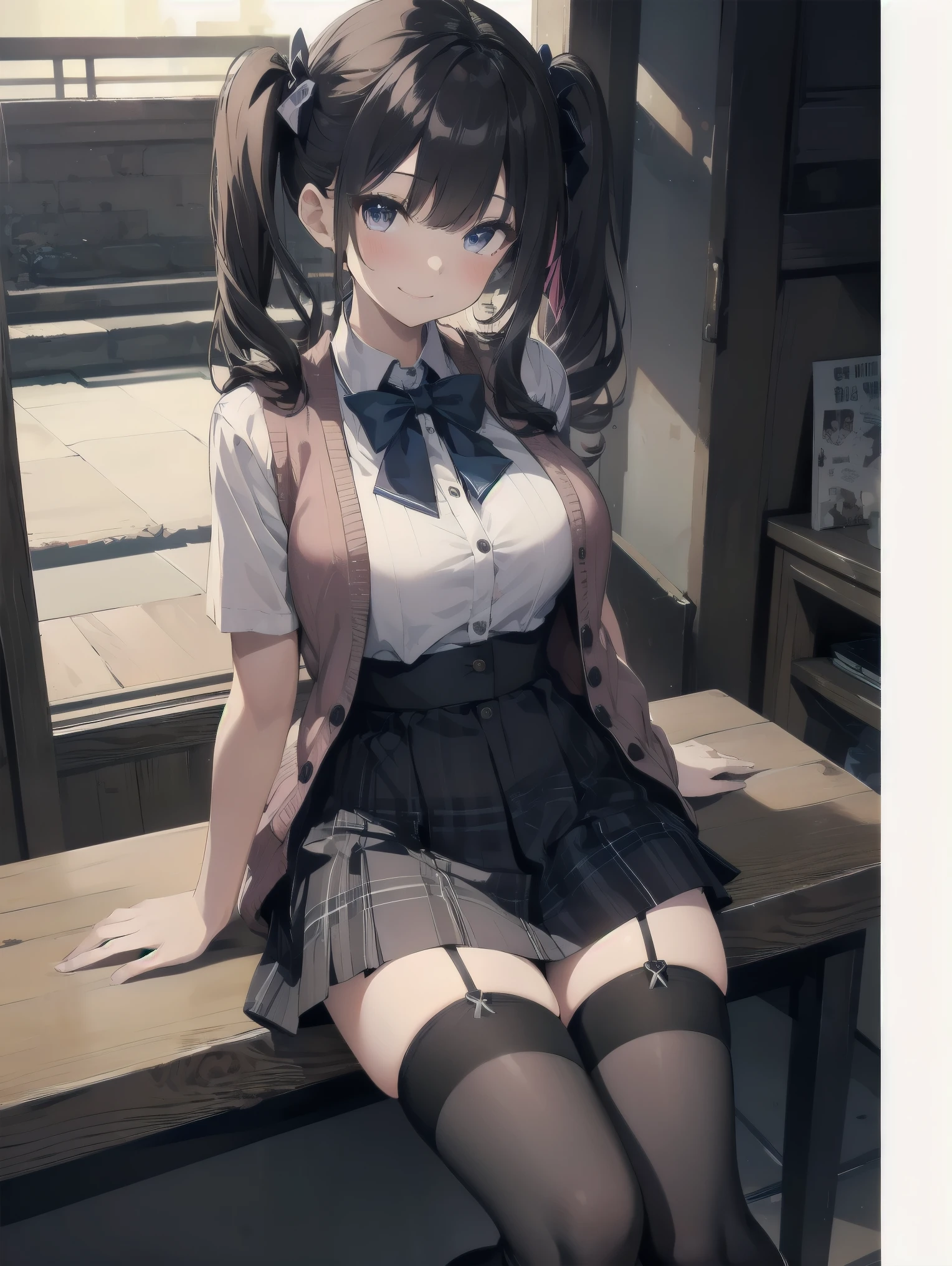 absurdres, absolutely resolution, incredibly absurdres, highres, ultra detailed, official art, unity 8k wallpaper,
BREAK
1 girl, soro, twintails, bow, cardigan vest, short sleeve shirt, plaid skirt, over black legwear, loafers, smile, Sexual girl, Dressy styles that are glamorous and pretty, with an emphasis on cuteness, bright shades and pop designs