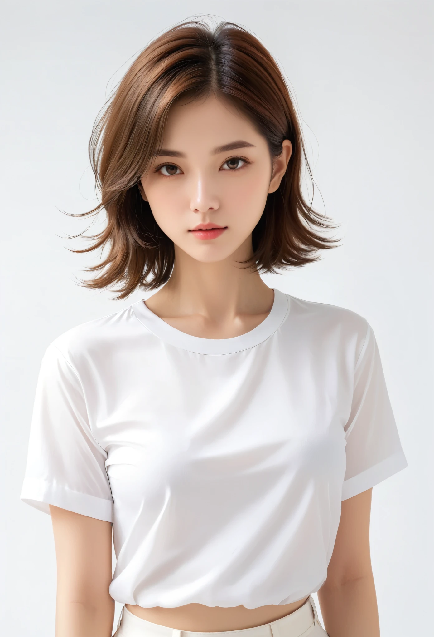 (masterpiece, best quality,:1.2), 1 Girl, (Solitary:1.3), Upper Body, White shirt, Short sleeve, , (Deadly, Practical, real life, exception, best aesthetics, new, newest, best quality, masterpiece:1.2), Soft_light, Soft_skin_Tone, woman_hair, (White background, Simple background,:1.2),