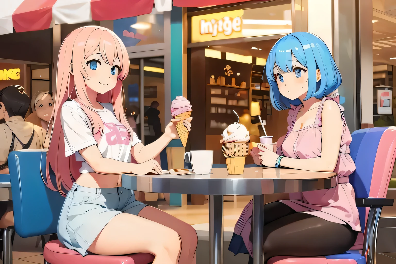 Two Girls, one with Long Light Pink Hair and Casual Short Outfit (Prioritize to ID Image CPIFKKTE878C73D78QEG), and the other with Small Blue Hair and Cleavage Dress Outfit (Prioritize to ID Image CPIGA65E878C73ETEKU0); are sitting on chairs in an ice cream shop in a shopping mall.