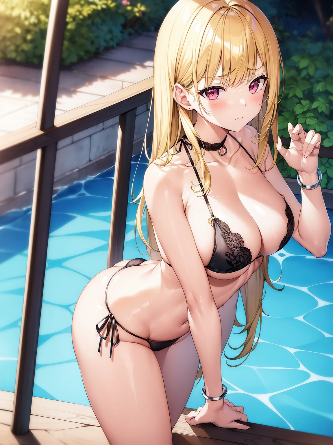 masutepiece, Detailed, Best Quality, Beautiful Girl, very small lace translucent bikini, Shackles, stock, Troubled face, big pool (prison), blonde sexy girl 1girl in, marin kitagawa character, blonde female, Blunt bangs, Big breasts, Amused expression, Looking at Viewer, big butt, mature body, very big , dark pink eyes, small thong, erotic pose, big butt, full body picture, cameltoe, lace lingerie, almost naked, topless