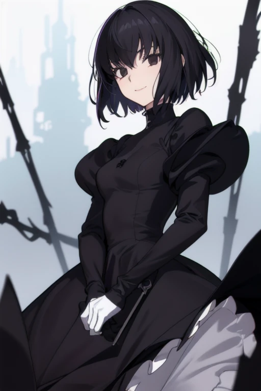 alicekuonji, girl1, solo, smile, long black dress, puffy sleeves, black cape ,long skirt, white gloves, park, black tights, best quality 