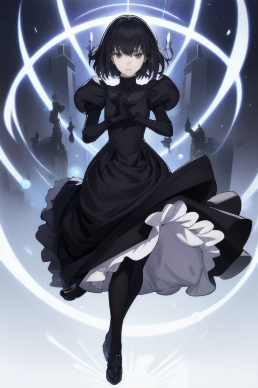 alicekuonji, girl1, solo, smile, long black dress, puffy sleeves, black cape ,long skirt, white gloves, park, black tights, best quality 